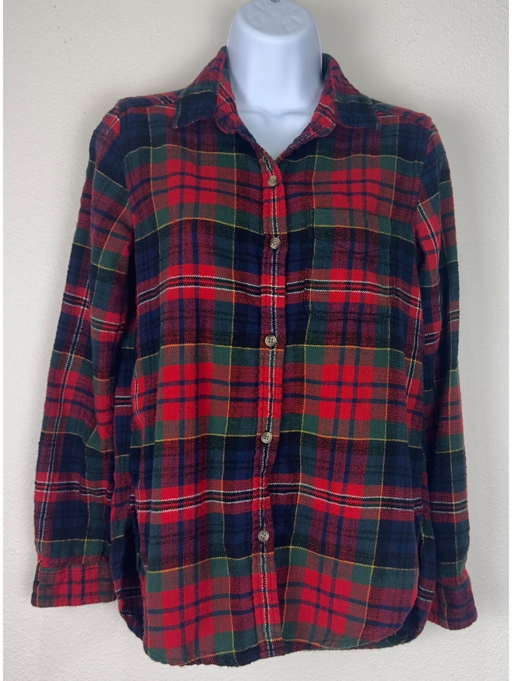 American Eagle Womens XS Boyfriend Fit Plaid Flannel Shirt Red Green Cotton